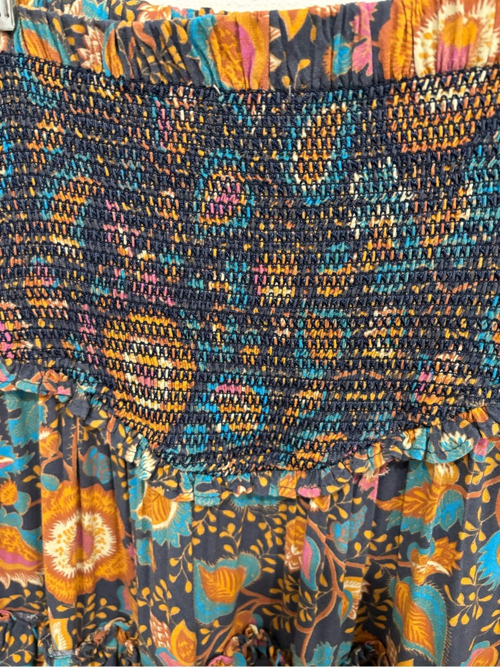House of Harlow Maxi Skirt Womens Small Smocking Ruffles Bohemian Blue Ochre - Picture 2 of 12
